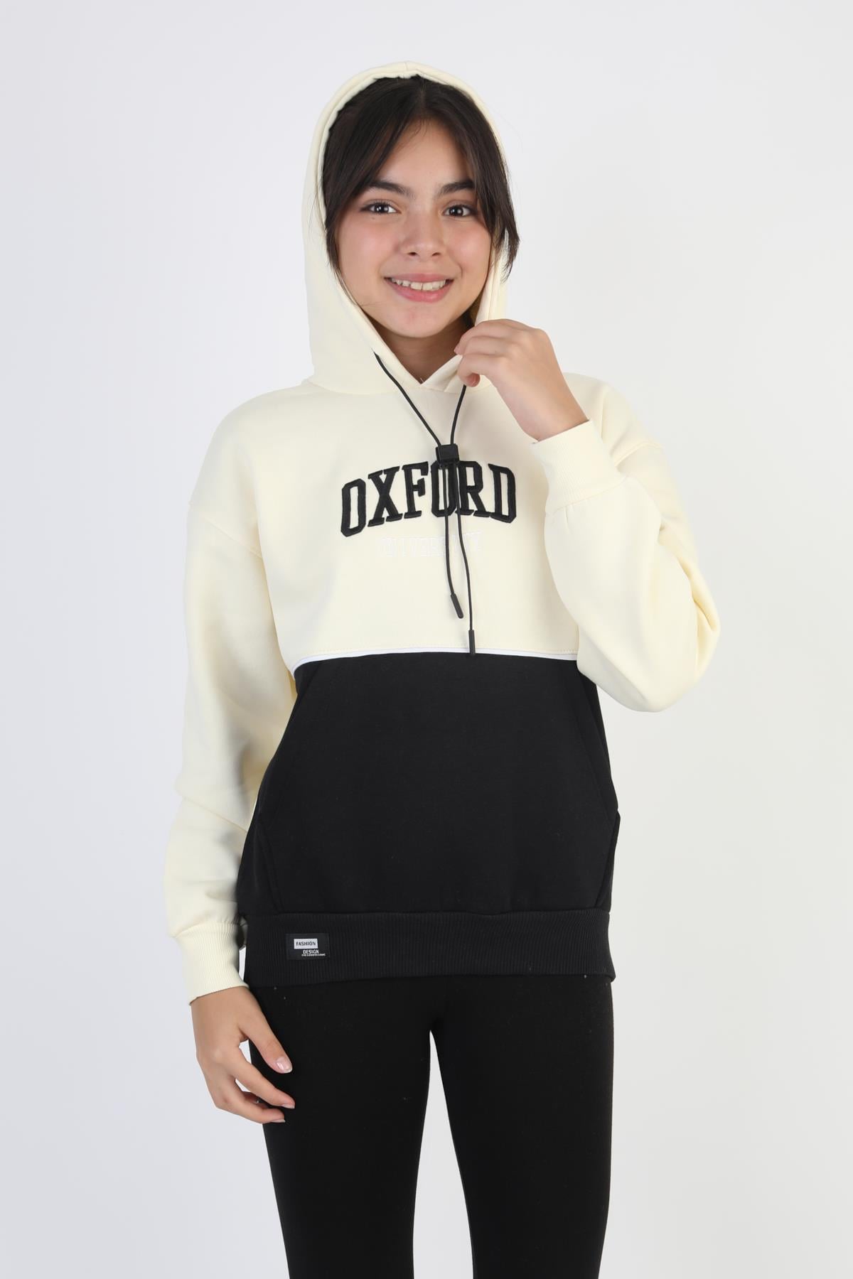 Kapşonlu Oxford Baskılı Kanguru Cepli Kız Çocuk Sweatshirt