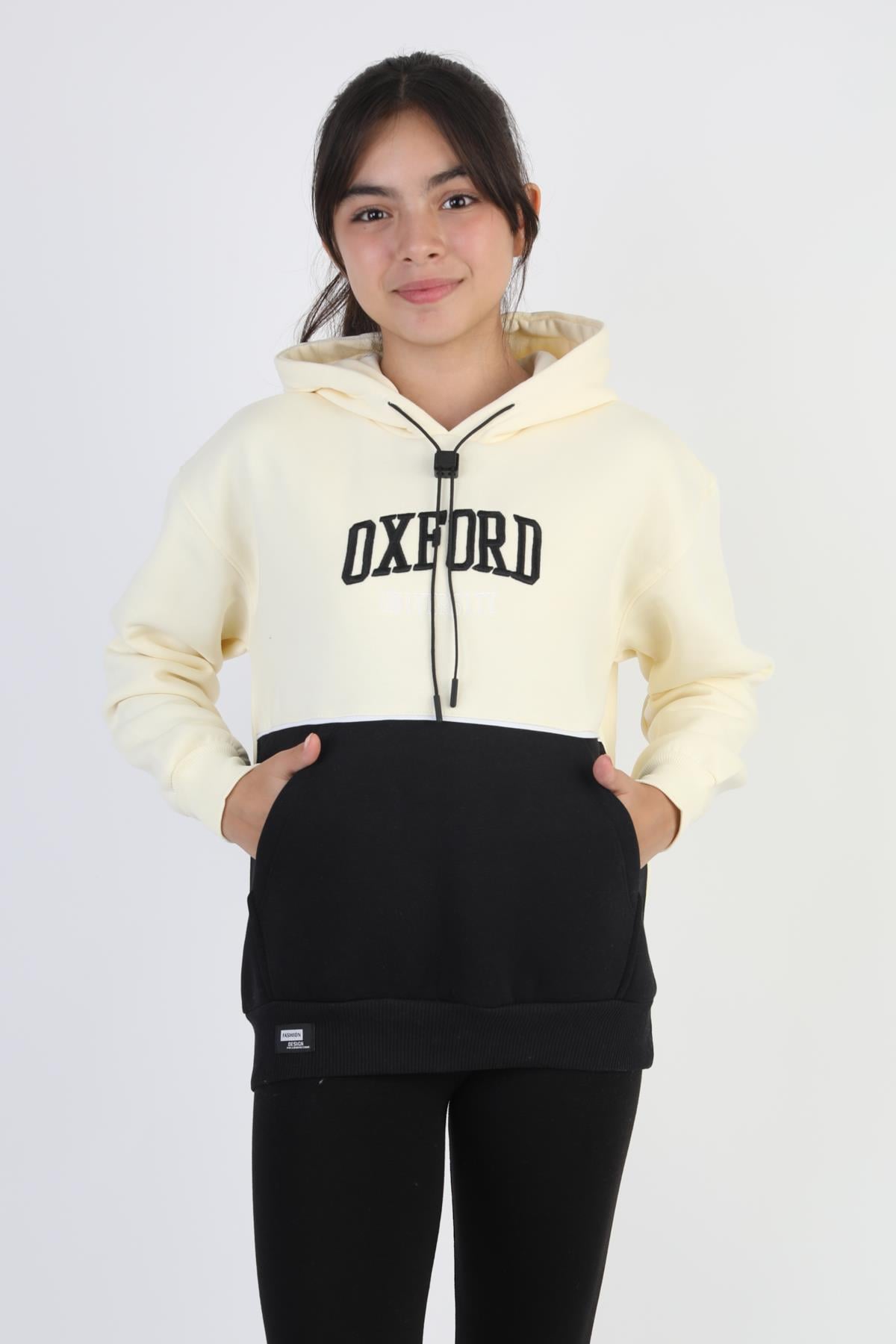 Kapşonlu Oxford Baskılı Kanguru Cepli Kız Çocuk Sweatshirt