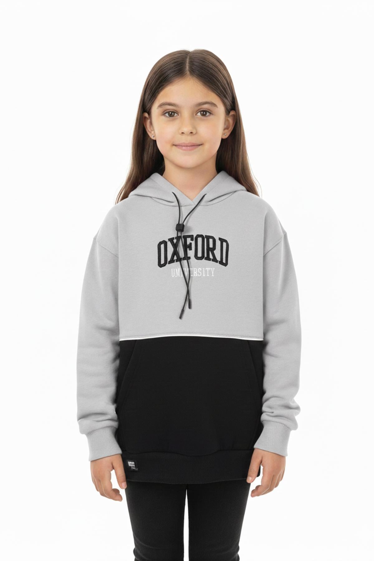 Kapşonlu Oxford Baskılı Kanguru Cepli Kız Çocuk Sweatshirt