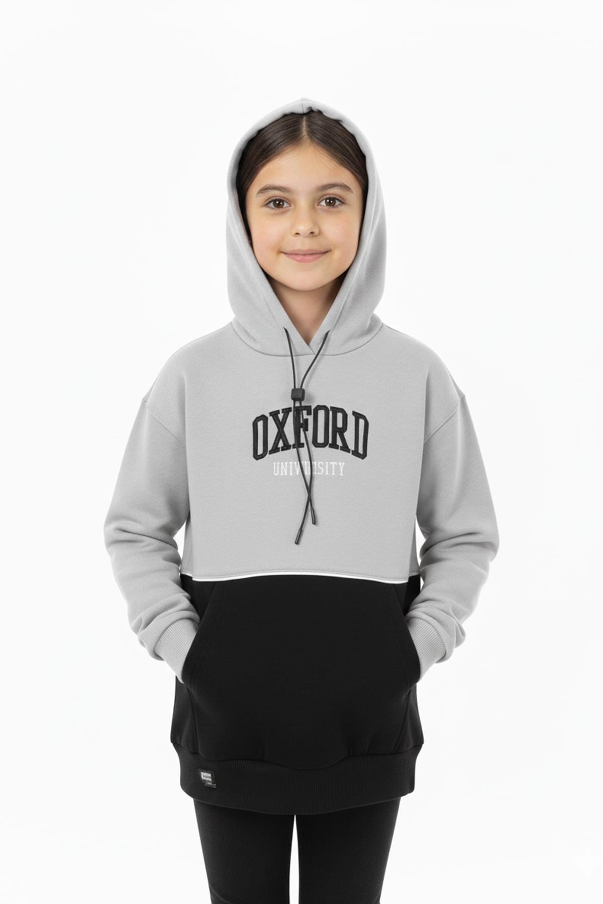 Kapşonlu Oxford Baskılı Kanguru Cepli Kız Çocuk Sweatshirt