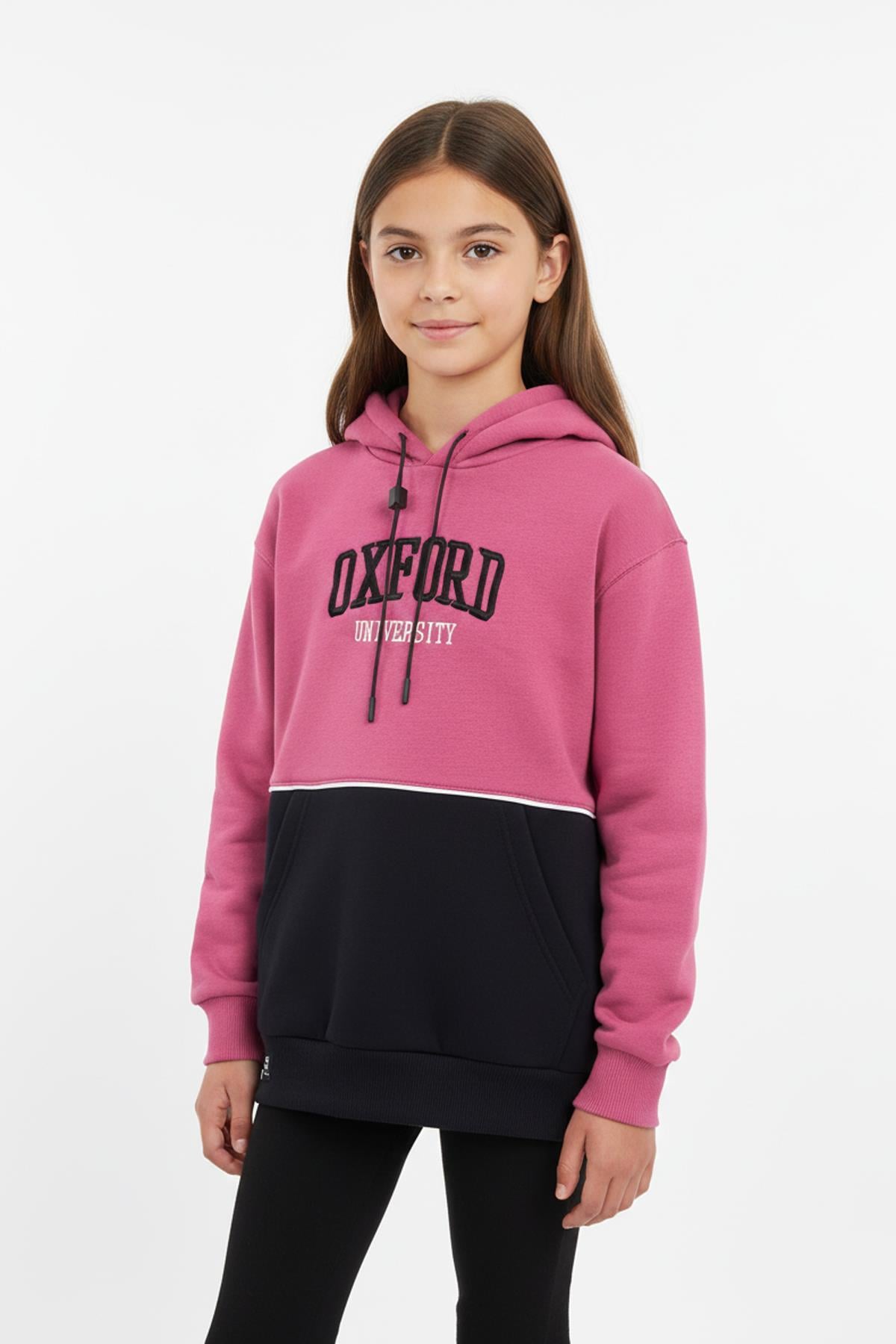 Kapşonlu Oxford Baskılı Kanguru Cepli Kız Çocuk Sweatshirt