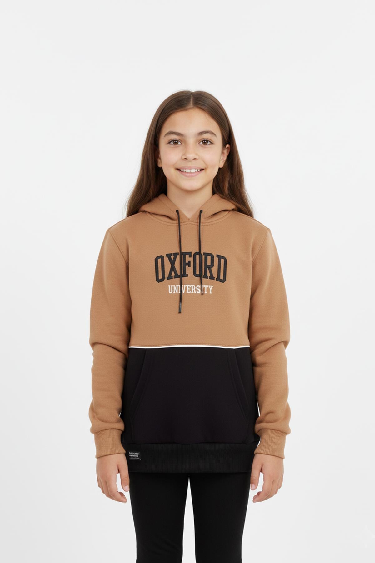 Kapşonlu Oxford Baskılı Kanguru Cepli Kız Çocuk Sweatshirt