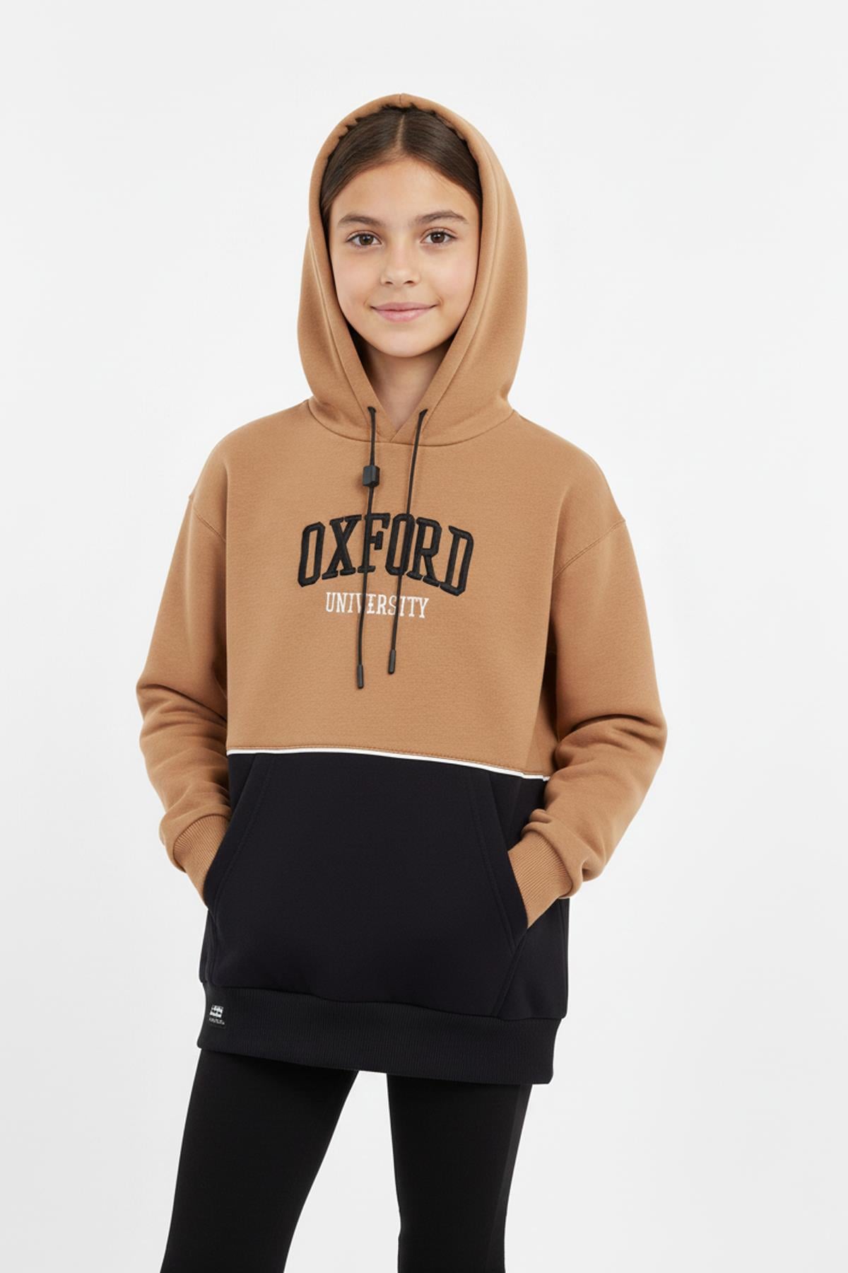 Kapşonlu Oxford Baskılı Kanguru Cepli Kız Çocuk Sweatshirt
