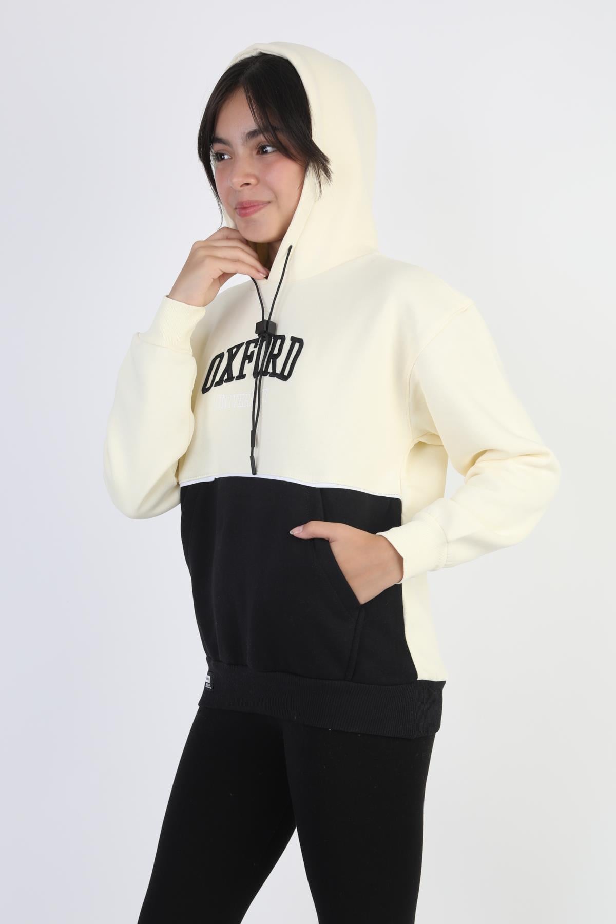 Kapşonlu Oxford Baskılı Kanguru Cepli Kız Çocuk Sweatshirt