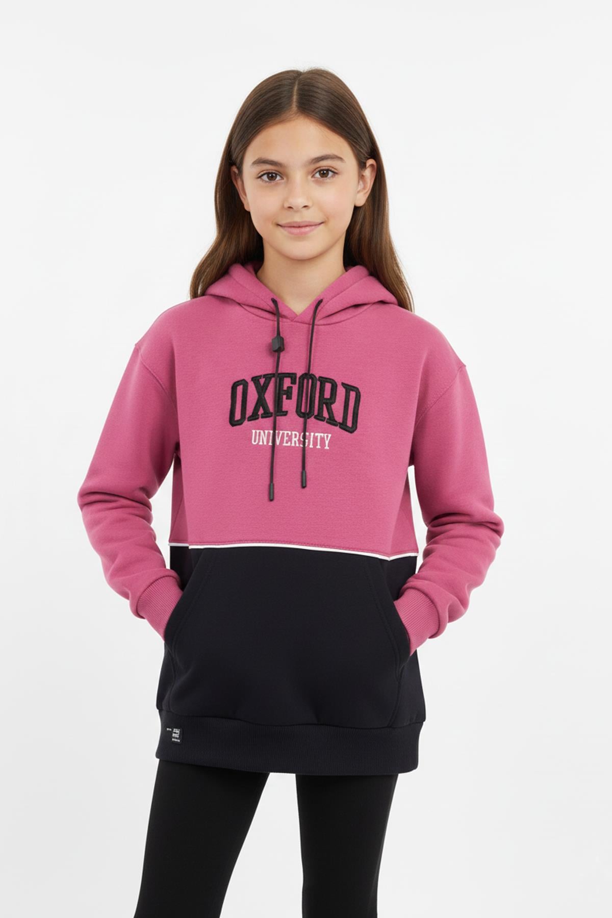 Kapşonlu Oxford Baskılı Kanguru Cepli Kız Çocuk Sweatshirt
