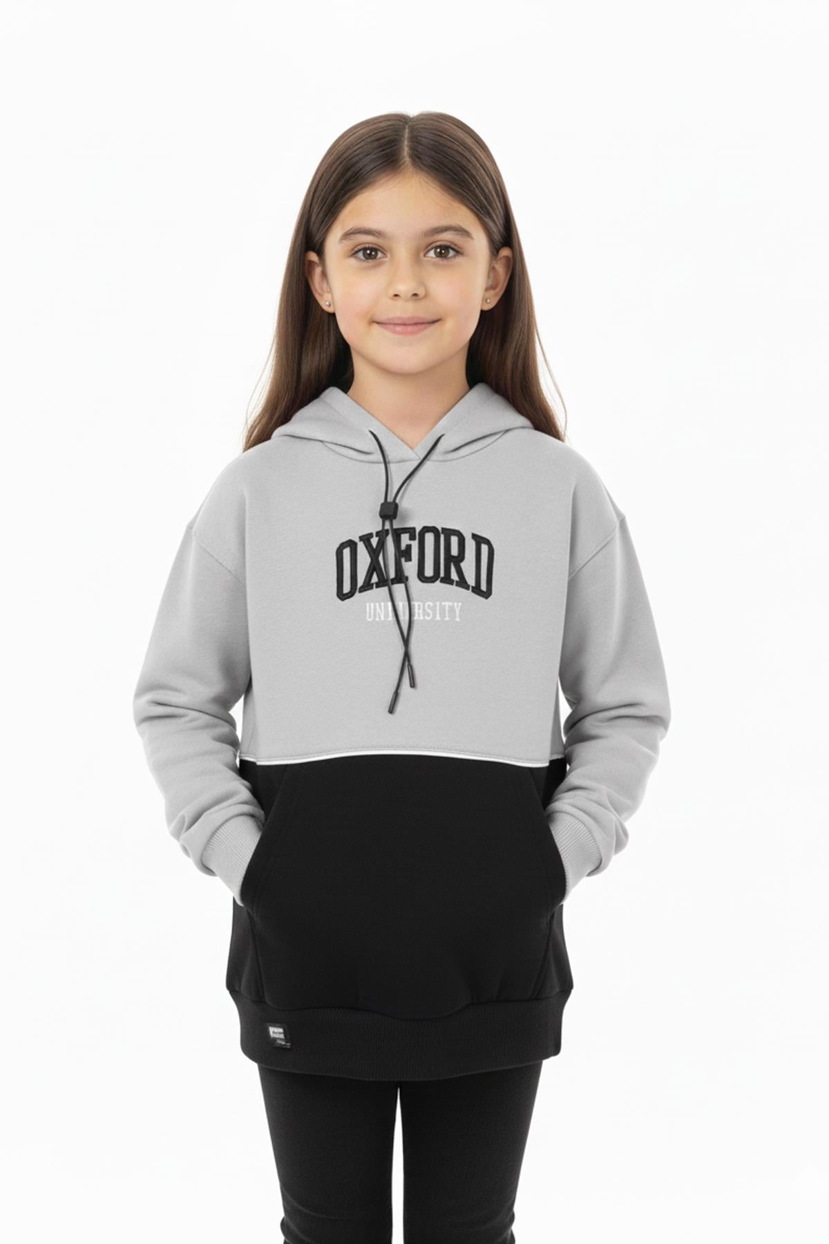 Kapşonlu Oxford Baskılı Kanguru Cepli Kız Çocuk Sweatshirt