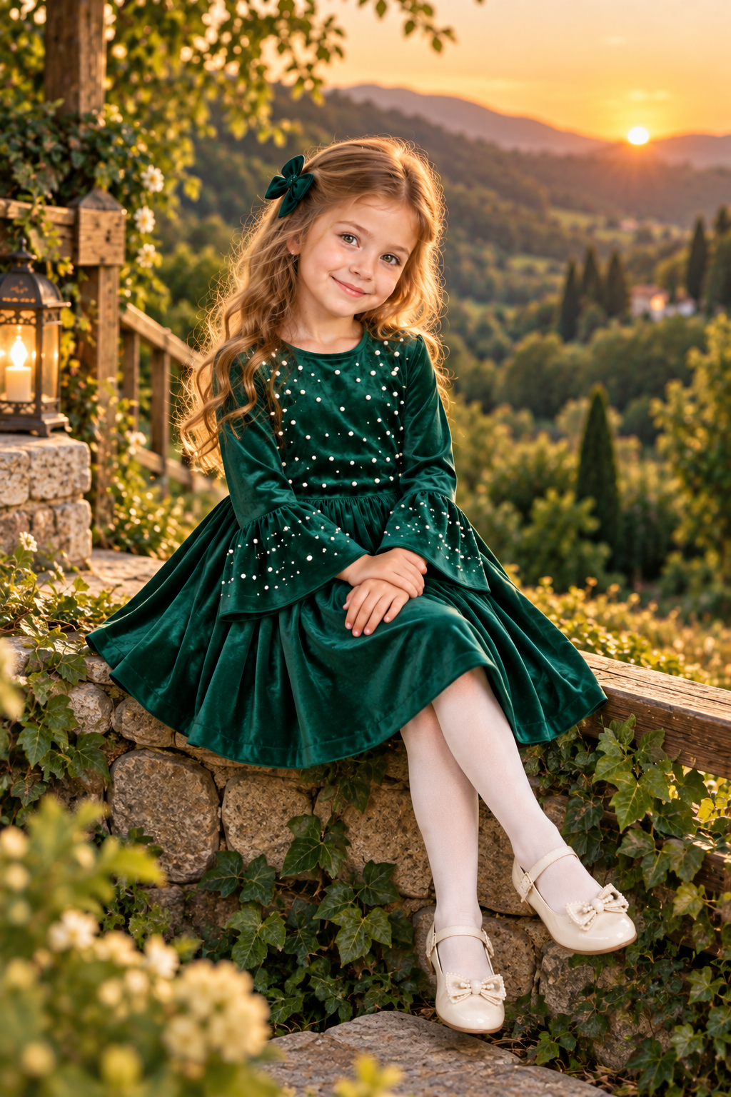 Kız Çocuk Elbise Uzun kolları, inci süslemeli volanlı geniş kol uçları, bel kesimi, pileli/dökümlü etek YENİ SEZON YEŞİL 