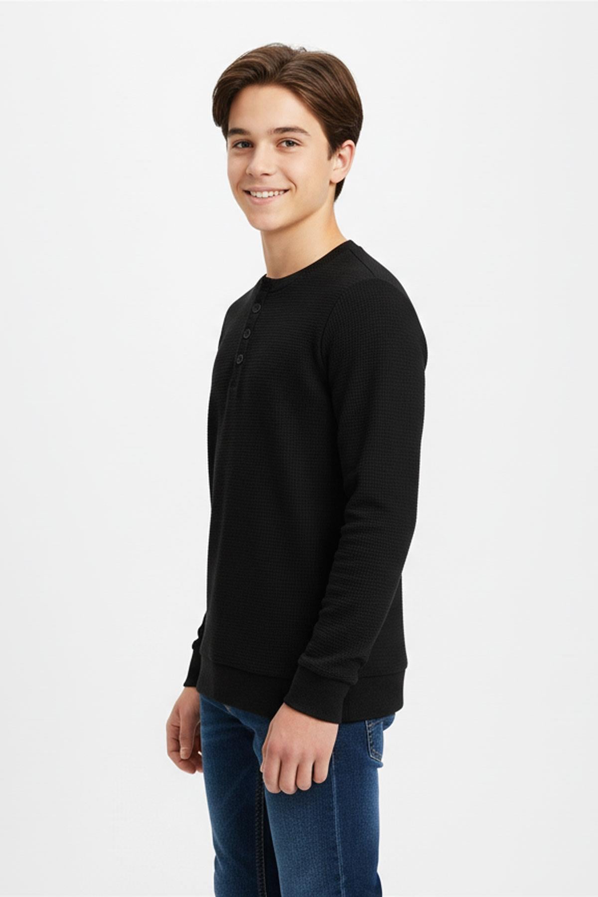 Mevsimlik Düğme Detaylı Bawelna Kumaş Uzun Kollu Erkek Çocuk Sweatshirt