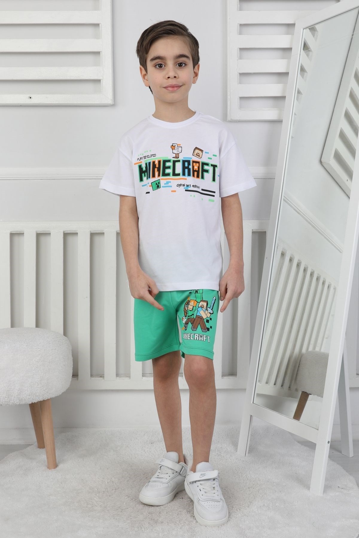 Minecraft Baskı Erkek Çocuk Şortlu Takım