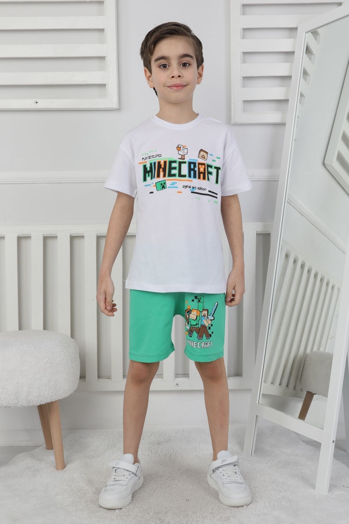 Minecraft Baskı Erkek Çocuk Şortlu Takım
