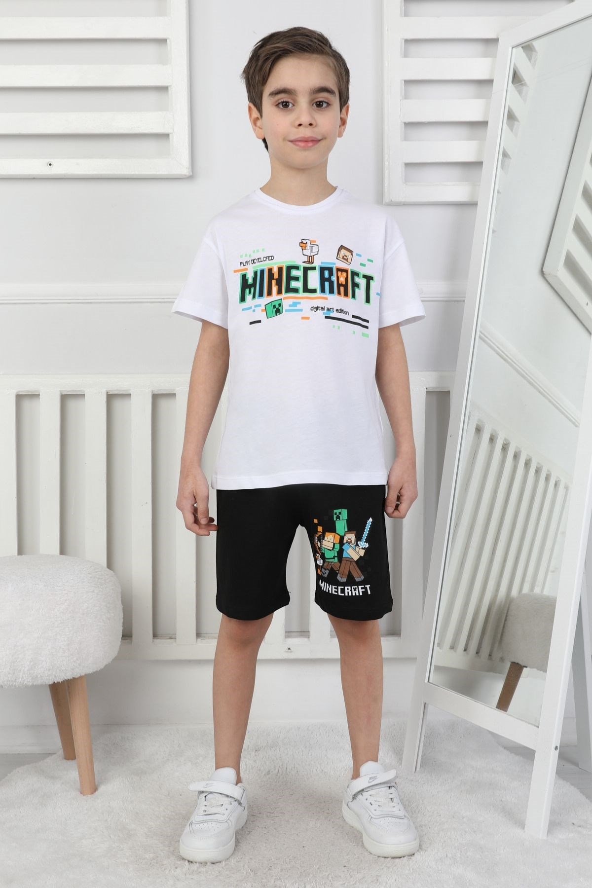 Minecraft Baskı Erkek Çocuk Şortlu Takım