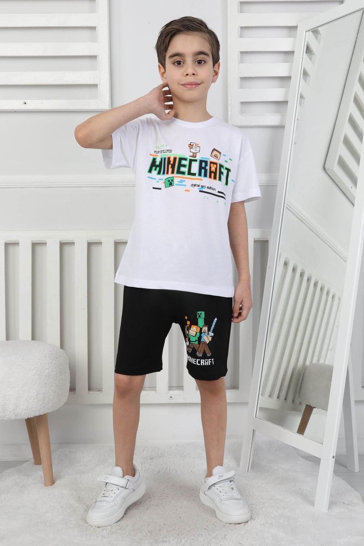 Minecraft Baskı Erkek Çocuk Şortlu Takım