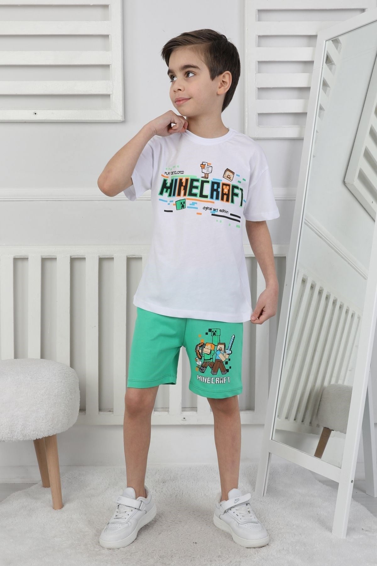 Minecraft Baskı Erkek Çocuk Şortlu Takım