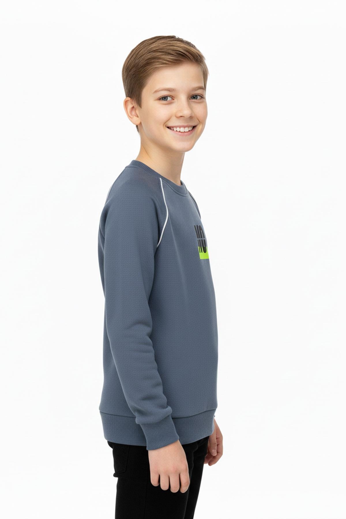No Baskılı Kapşonsuz Rahat İndigo Renk Erkek Çocuk Sweatshirt