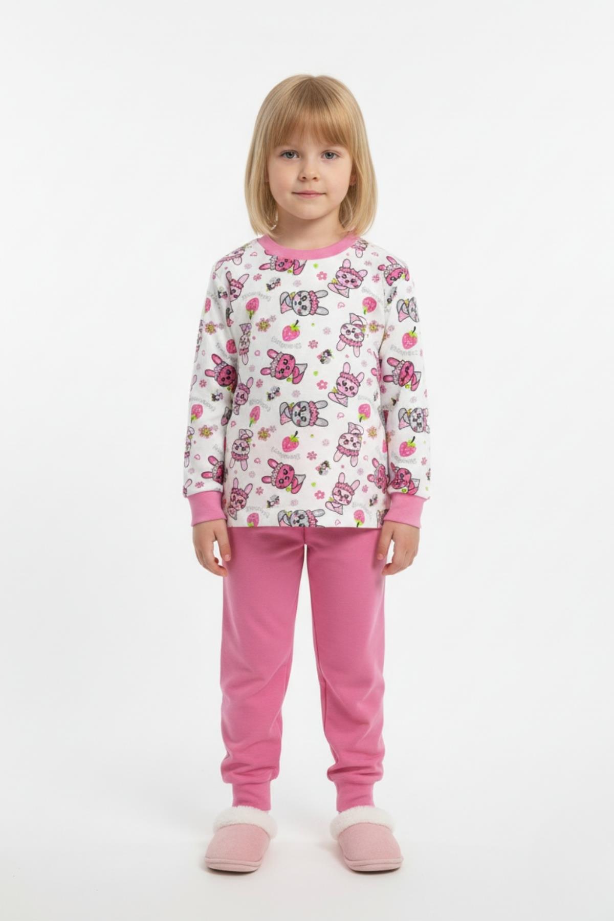 Tavşan Desenli Uzun Kollu Mevsimlik Pamuk Kız Çocuk Pijama Takımı