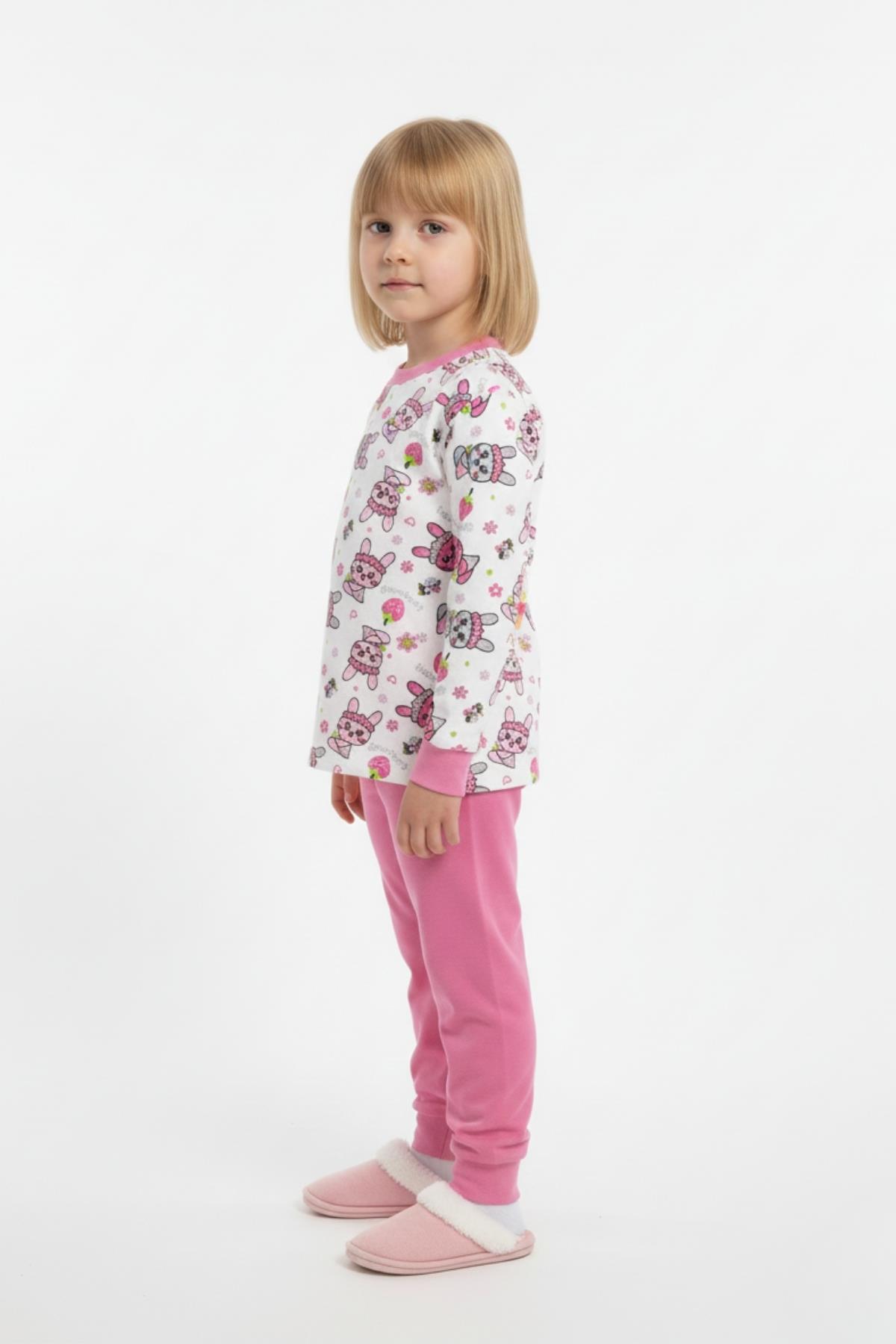 Tavşan Desenli Uzun Kollu Mevsimlik Pamuk Kız Çocuk Pijama Takımı