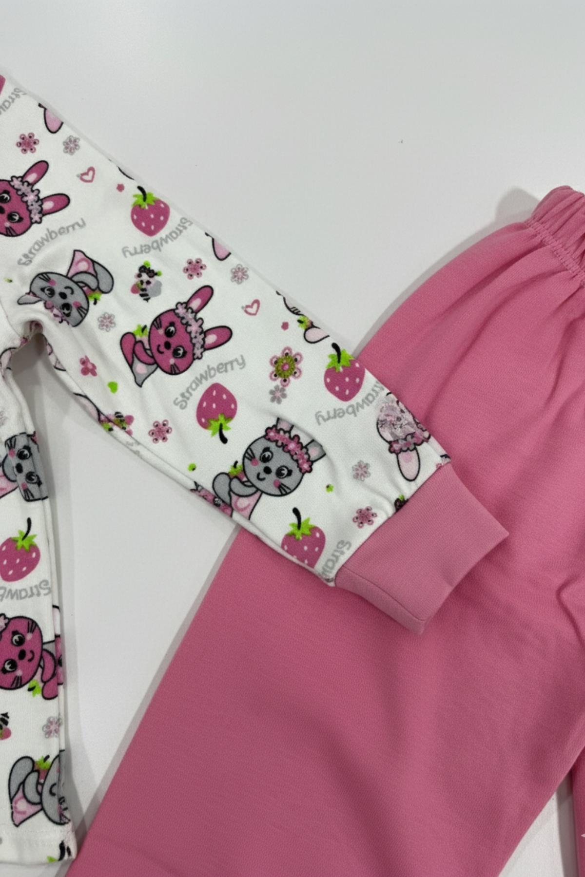 Tavşan Desenli Uzun Kollu Mevsimlik Pamuk Kız Çocuk Pijama Takımı