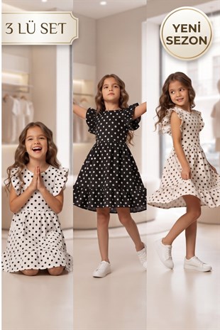 3 LÜ SET Kız Çocuk Elbise 3 ADET PUANTİYELİ   YENİ SEZON YAZLIK 