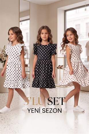 3 LÜ SET Kız Çocuk Elbise 3 ADET PUANTİYELİ   YENİ SEZON YAZLIK 
