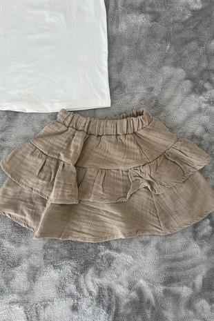 Fiyonklu Tişört Fırfırlı Etek Kız Çocuk Takım