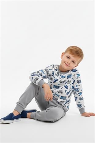 Araba ve Bisiklet Desenli Uzun Kollu Mevsimlik Erkek Çocuk Pamuk Pijama Takımı