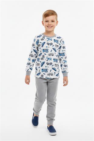 Araba ve Bisiklet Desenli Uzun Kollu Mevsimlik Erkek Çocuk Pamuk Pijama Takımı
