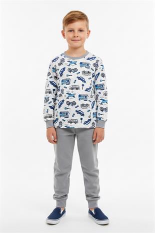 Araba ve Bisiklet Desenli Uzun Kollu Mevsimlik Erkek Çocuk Pamuk Pijama Takımı