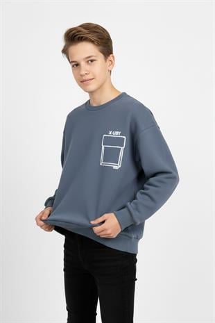 Baskı Detaylı Bisiklet Yaka Erkek Çocuk Sweatshirt