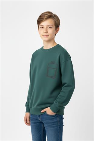 Baskı Detaylı Bisiklet Yaka Erkek Çocuk Sweatshirt