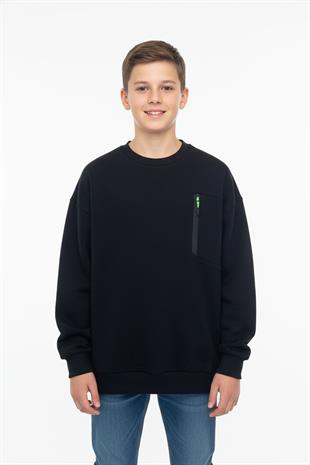 Bisiklet Yaka Cep Fermuar Detaylı Erkek Çocuk Sweatshirt