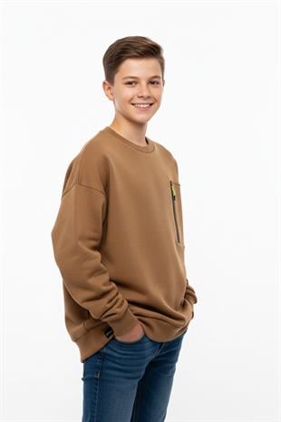 Bisiklet Yaka Cep Fermuar Detaylı Erkek Çocuk Sweatshirt