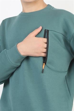 Bisiklet Yaka Cep Fermuar Detaylı Erkek Çocuk Sweatshirt
