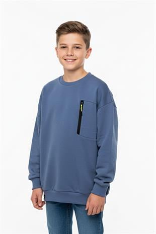 Bisiklet Yaka Cep Fermuar Detaylı Erkek Çocuk Sweatshirt