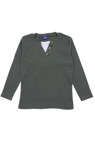 Düğme Detaylı Mevsimlik Uzun Kollu Kaşkorse Kumaş Sweatshirt Füme Renk Erkek Çocuk