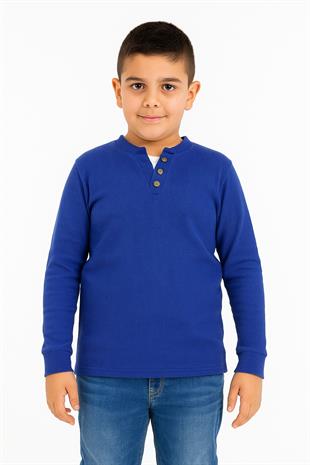 Düğme Detaylı Mevsimlik Uzun Kollu Kaşkorse Kumaş Sweatshirt Mavi Renk Erkek Çocuk