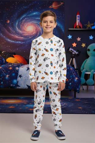 Erkek Çocuk Uzay Desenli Pamuklu Mevsimlik Pijama Takımı