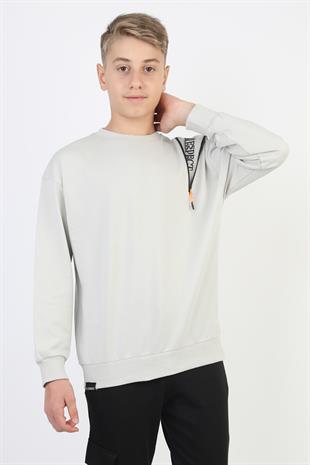 Fermuarlı Respect Baskılı Gri Erkek Çocuk Sweatshirt