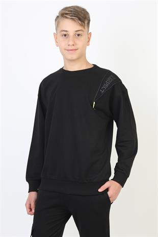 Fermuarlı Respect Baskılı Siyah Erkek Çocuk Sweatshirt