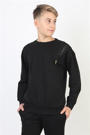 Fermuarlı Respect Baskılı Siyah Erkek Çocuk Sweatshirt