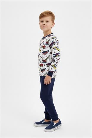 İş Makinesi Baskılı Uzun Kollu Mevsimlik Erkek Çocuk Pamuk Pijama Takımı