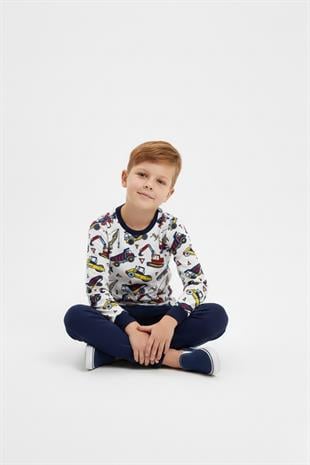 İş Makinesi Baskılı Uzun Kollu Mevsimlik Erkek Çocuk Pamuk Pijama Takımı