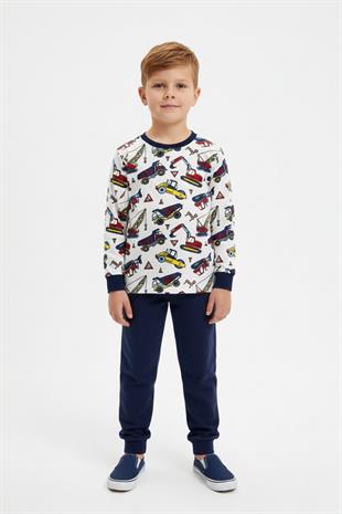 İş Makinesi Baskılı Uzun Kollu Mevsimlik Erkek Çocuk Pamuk Pijama Takımı
