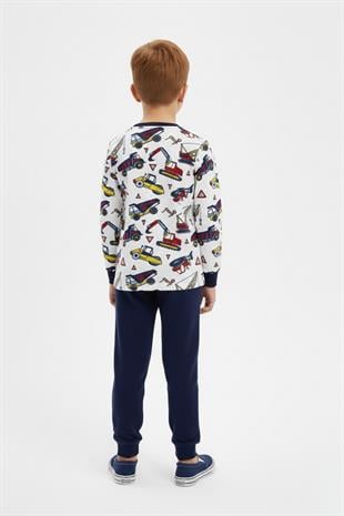 İş Makinesi Baskılı Uzun Kollu Mevsimlik Erkek Çocuk Pamuk Pijama Takımı