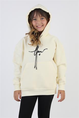 Kapşonlu Love Baskılı Kanguru Cepli Kız Çocuk Sweatshirt