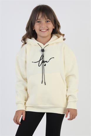 Kapşonlu Love Baskılı Kanguru Cepli Kız Çocuk Sweatshirt