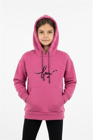 Kapşonlu Love Baskılı Kanguru Cepli Kız Çocuk Sweatshirt