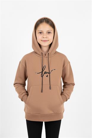 Kapşonlu Love Baskılı Kanguru Cepli Kız Çocuk Sweatshirt