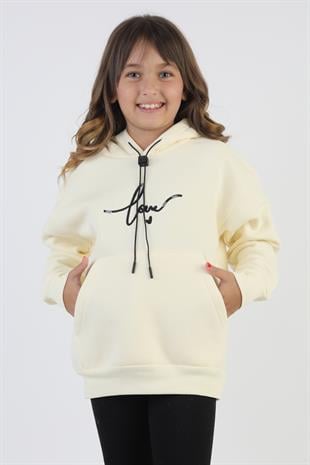 Kapşonlu Love Baskılı Kanguru Cepli Kız Çocuk Sweatshirt