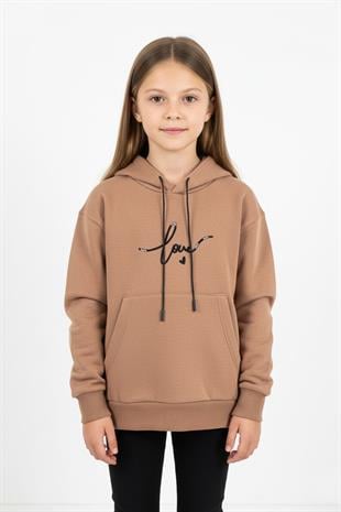 Kapşonlu Love Baskılı Kanguru Cepli Kız Çocuk Sweatshirt