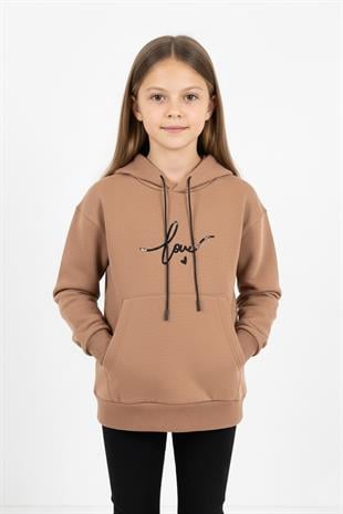 Kapşonlu Love Baskılı Kanguru Cepli Kız Çocuk Sweatshirt